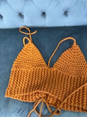 JLUXLABEL Handknit Crop Top in Pumpkin Orange